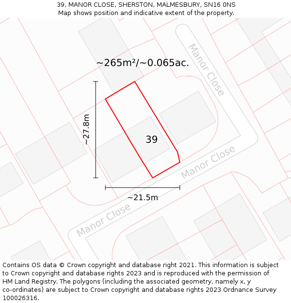 39, MANOR CLOSE, SHERSTON, MALMESBURY, SN16 0NS: Plot and title map