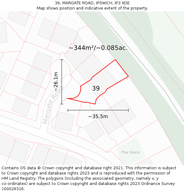 39, MARGATE ROAD, IPSWICH, IP3 9DE: Plot and title map