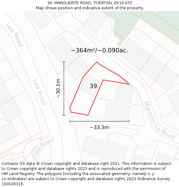 39, MARGUERITE ROAD, TIVERTON, EX16 6TD: Plot and title map