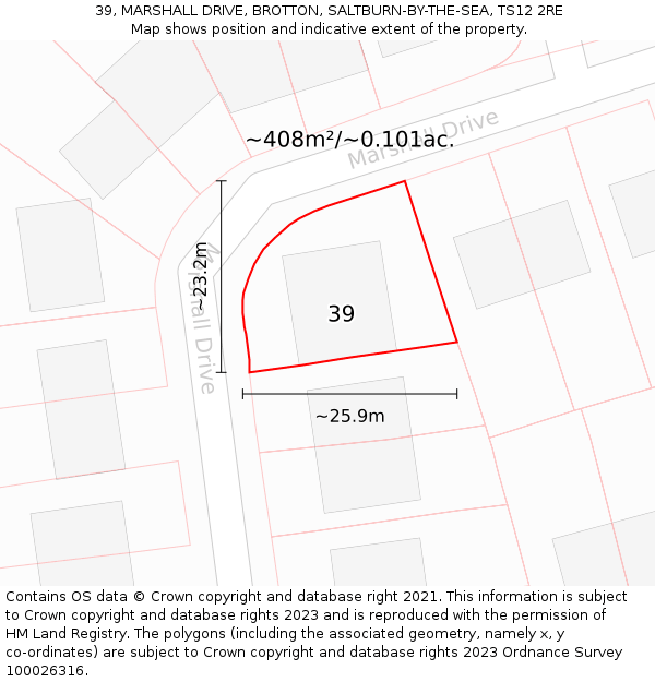 39, MARSHALL DRIVE, BROTTON, SALTBURN-BY-THE-SEA, TS12 2RE: Plot and title map