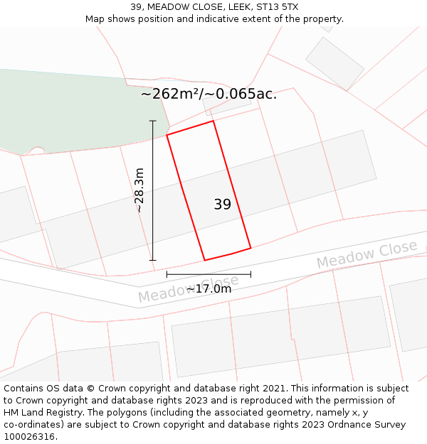 39, MEADOW CLOSE, LEEK, ST13 5TX: Plot and title map