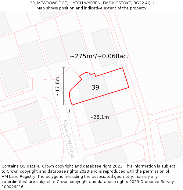 39, MEADOWRIDGE, HATCH WARREN, BASINGSTOKE, RG22 4QH: Plot and title map