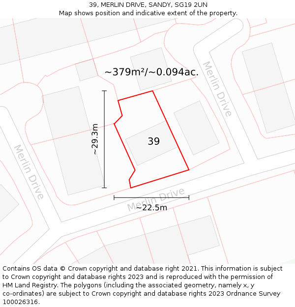 39, MERLIN DRIVE, SANDY, SG19 2UN: Plot and title map