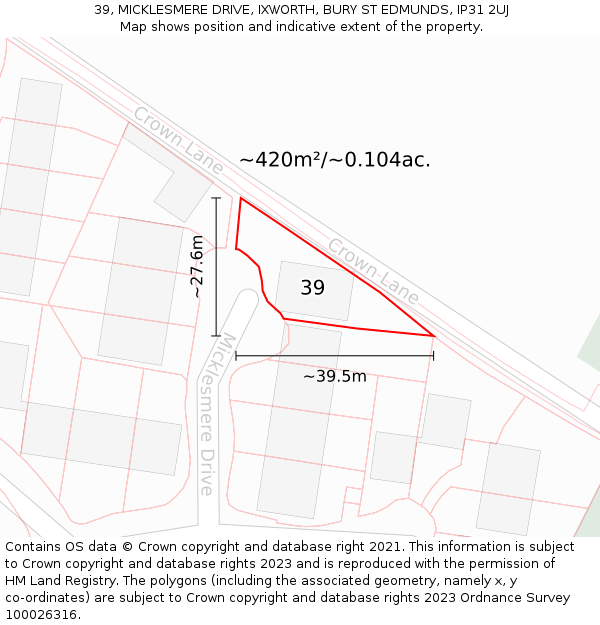 39, MICKLESMERE DRIVE, IXWORTH, BURY ST EDMUNDS, IP31 2UJ: Plot and title map
