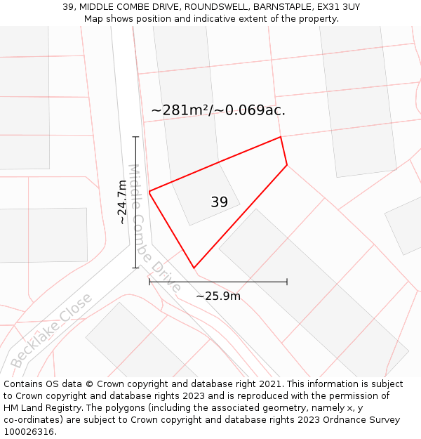 39, MIDDLE COMBE DRIVE, ROUNDSWELL, BARNSTAPLE, EX31 3UY: Plot and title map