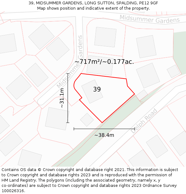 39, MIDSUMMER GARDENS, LONG SUTTON, SPALDING, PE12 9GF: Plot and title map