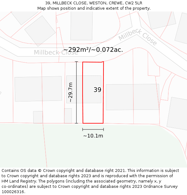 39, MILLBECK CLOSE, WESTON, CREWE, CW2 5LR: Plot and title map