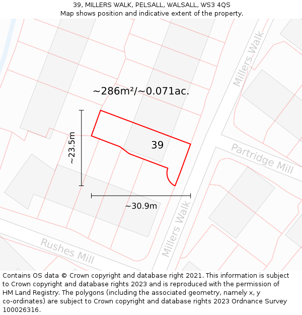 39, MILLERS WALK, PELSALL, WALSALL, WS3 4QS: Plot and title map