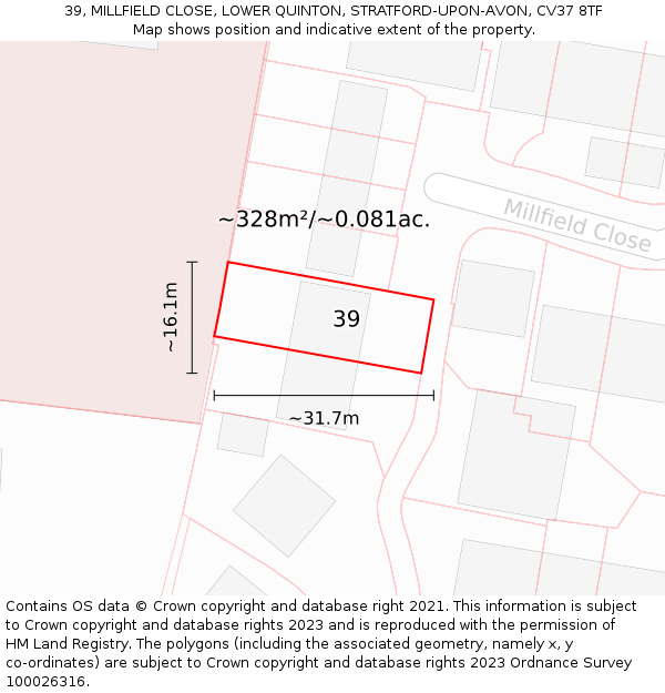 39, MILLFIELD CLOSE, LOWER QUINTON, STRATFORD-UPON-AVON, CV37 8TF: Plot and title map