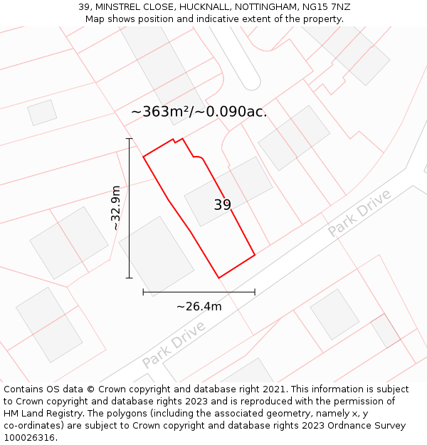 39, MINSTREL CLOSE, HUCKNALL, NOTTINGHAM, NG15 7NZ: Plot and title map