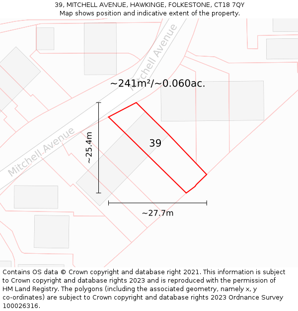 39, MITCHELL AVENUE, HAWKINGE, FOLKESTONE, CT18 7QY: Plot and title map