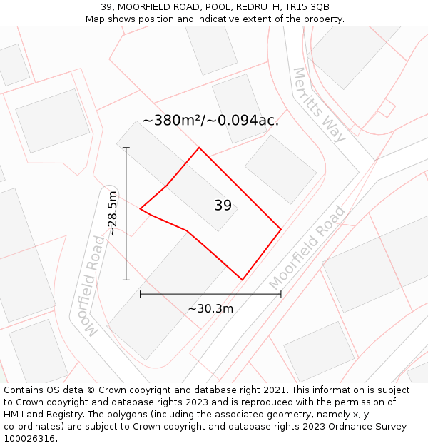 39, MOORFIELD ROAD, POOL, REDRUTH, TR15 3QB: Plot and title map