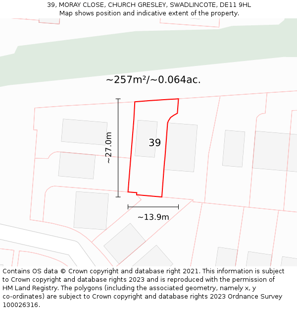 39, MORAY CLOSE, CHURCH GRESLEY, SWADLINCOTE, DE11 9HL: Plot and title map