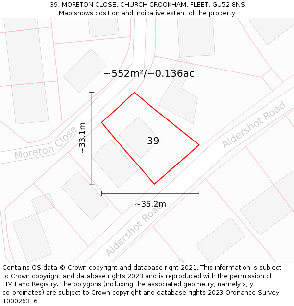 39, MORETON CLOSE, CHURCH CROOKHAM, FLEET, GU52 8NS: Plot and title map