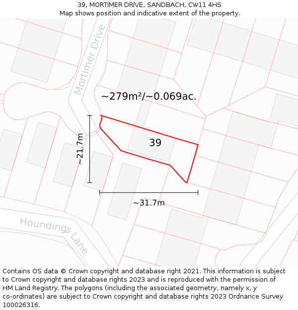 39, MORTIMER DRIVE, SANDBACH, CW11 4HS: Plot and title map