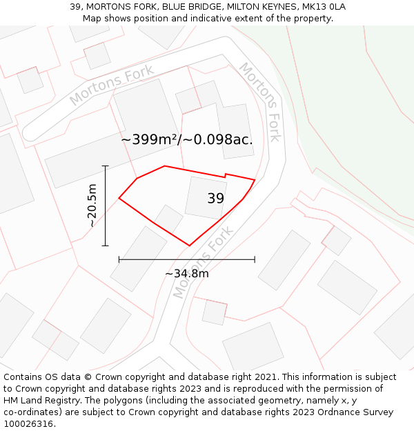 39, MORTONS FORK, BLUE BRIDGE, MILTON KEYNES, MK13 0LA: Plot and title map