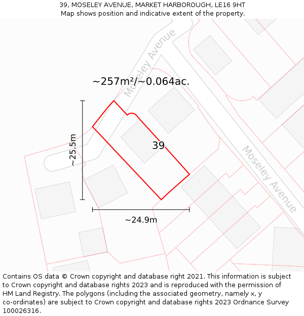 39, MOSELEY AVENUE, MARKET HARBOROUGH, LE16 9HT: Plot and title map