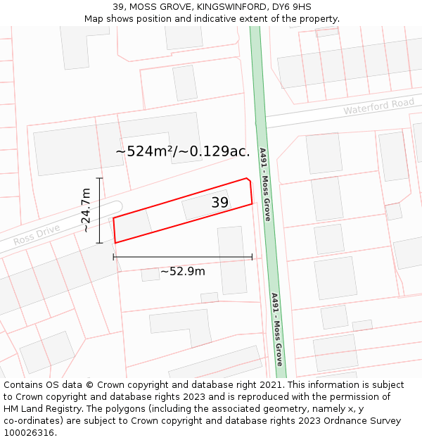 39, MOSS GROVE, KINGSWINFORD, DY6 9HS: Plot and title map