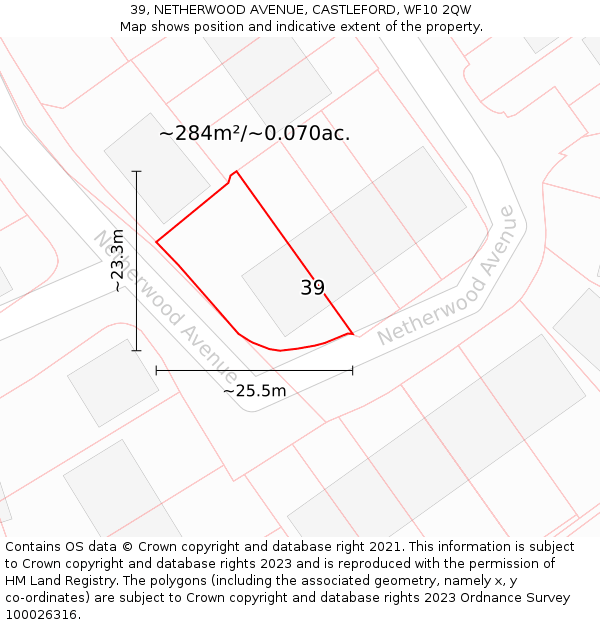 39, NETHERWOOD AVENUE, CASTLEFORD, WF10 2QW: Plot and title map