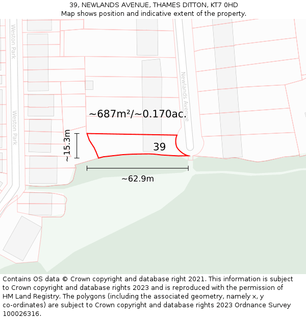 39, NEWLANDS AVENUE, THAMES DITTON, KT7 0HD: Plot and title map