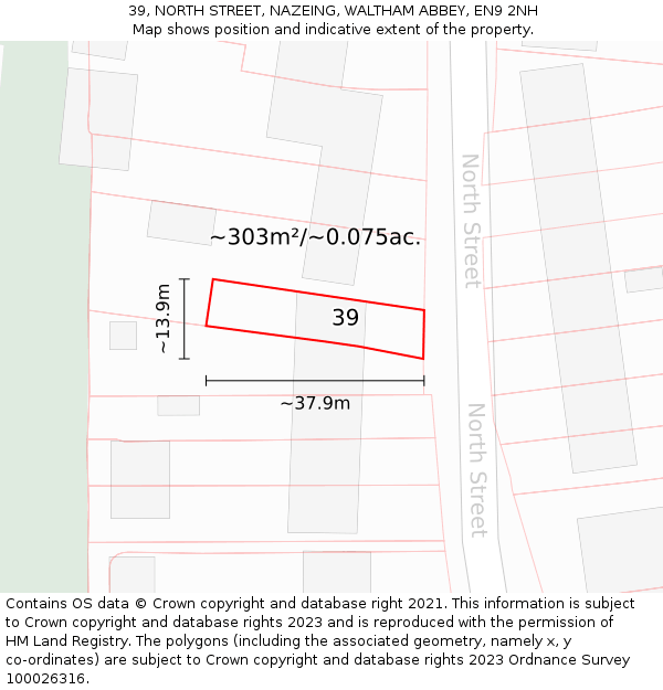 39, NORTH STREET, NAZEING, WALTHAM ABBEY, EN9 2NH: Plot and title map