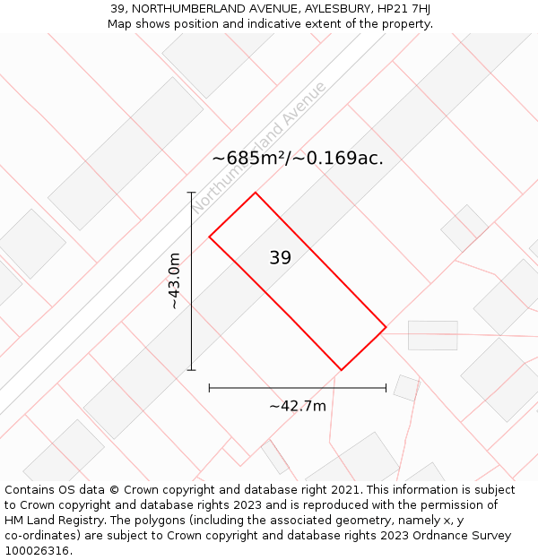 39, NORTHUMBERLAND AVENUE, AYLESBURY, HP21 7HJ: Plot and title map