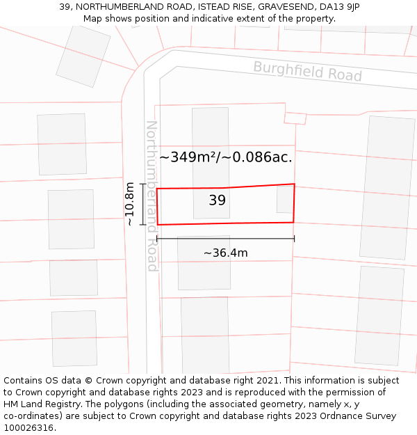 39, NORTHUMBERLAND ROAD, ISTEAD RISE, GRAVESEND, DA13 9JP: Plot and title map