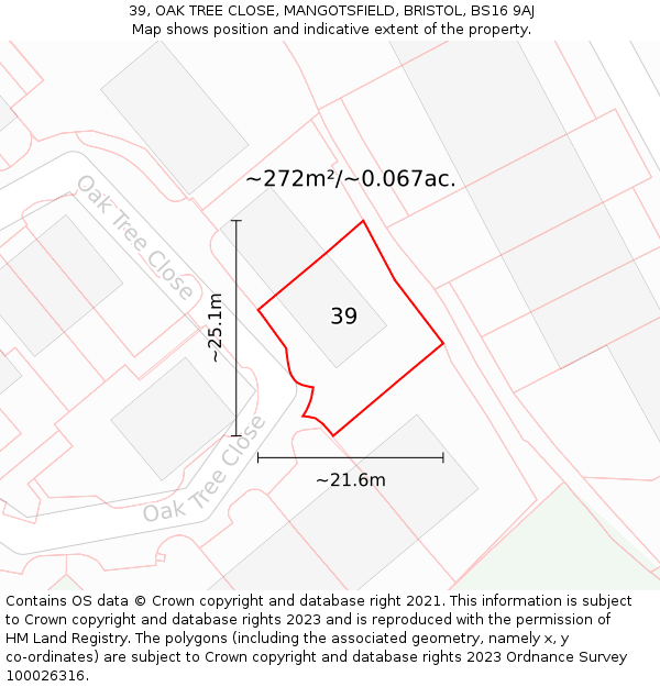 39, OAK TREE CLOSE, MANGOTSFIELD, BRISTOL, BS16 9AJ: Plot and title map