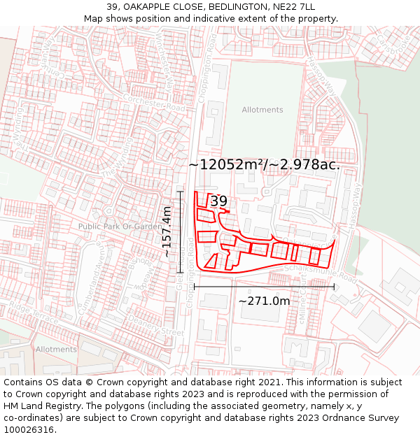 39, OAKAPPLE CLOSE, BEDLINGTON, NE22 7LL: Plot and title map