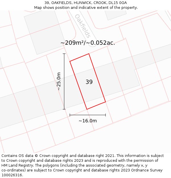39, OAKFIELDS, HUNWICK, CROOK, DL15 0GA: Plot and title map
