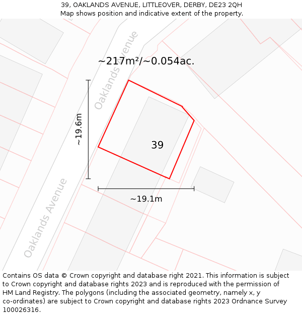 39, OAKLANDS AVENUE, LITTLEOVER, DERBY, DE23 2QH: Plot and title map