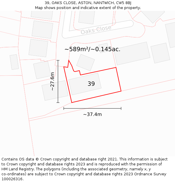 39, OAKS CLOSE, ASTON, NANTWICH, CW5 8BJ: Plot and title map