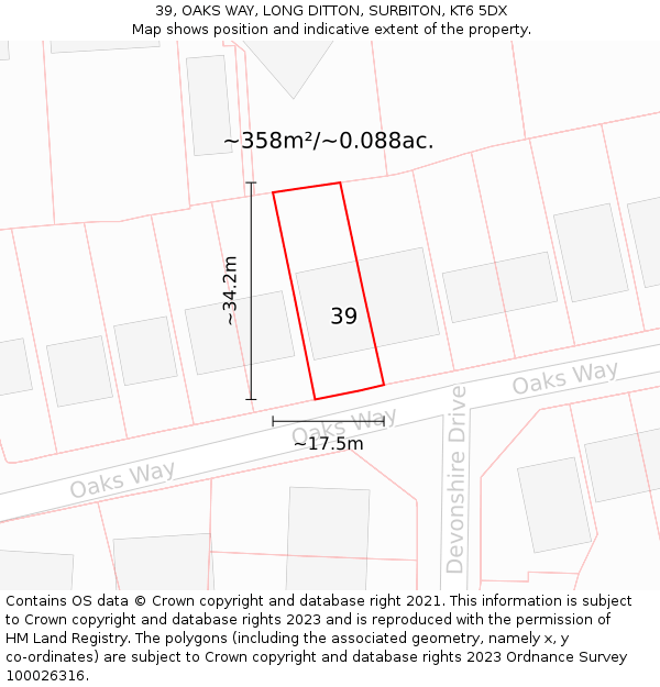 39, OAKS WAY, LONG DITTON, SURBITON, KT6 5DX: Plot and title map