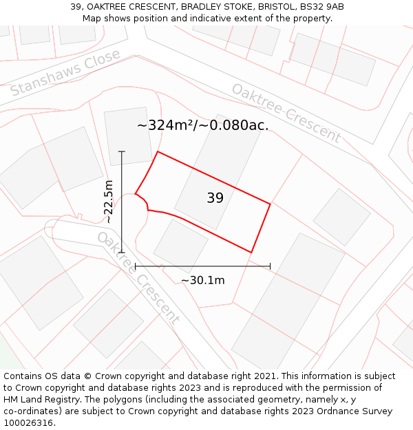 39, OAKTREE CRESCENT, BRADLEY STOKE, BRISTOL, BS32 9AB: Plot and title map