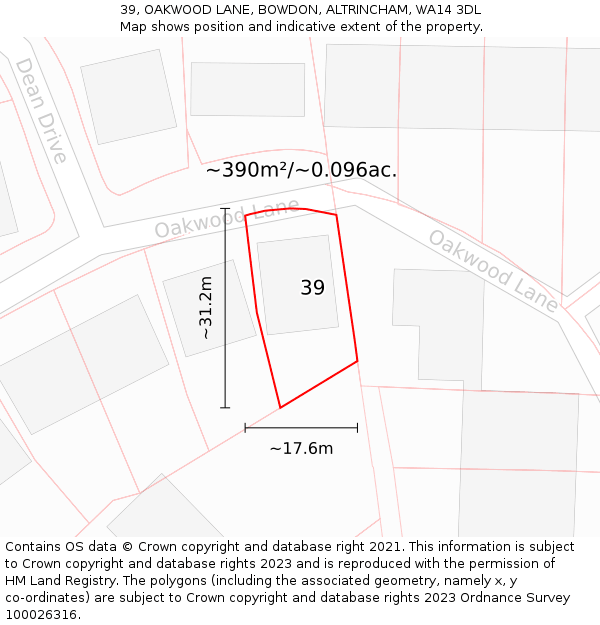 39, OAKWOOD LANE, BOWDON, ALTRINCHAM, WA14 3DL: Plot and title map
