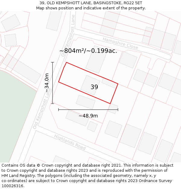 39, OLD KEMPSHOTT LANE, BASINGSTOKE, RG22 5ET: Plot and title map