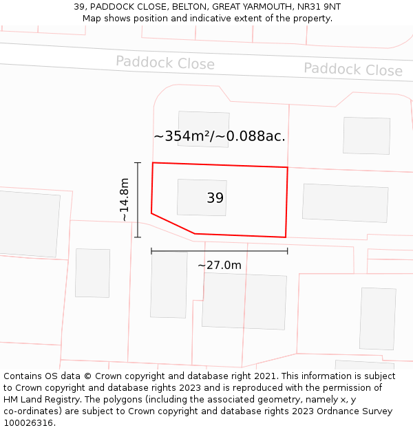39, PADDOCK CLOSE, BELTON, GREAT YARMOUTH, NR31 9NT: Plot and title map
