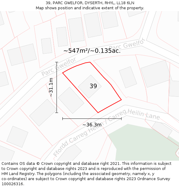39, PARC GWELFOR, DYSERTH, RHYL, LL18 6LN: Plot and title map