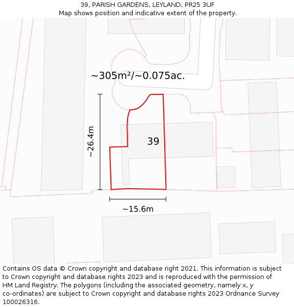 39, PARISH GARDENS, LEYLAND, PR25 3UF: Plot and title map