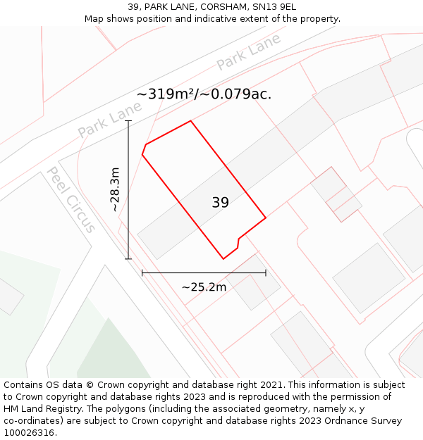39, PARK LANE, CORSHAM, SN13 9EL: Plot and title map