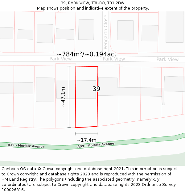 39, PARK VIEW, TRURO, TR1 2BW: Plot and title map