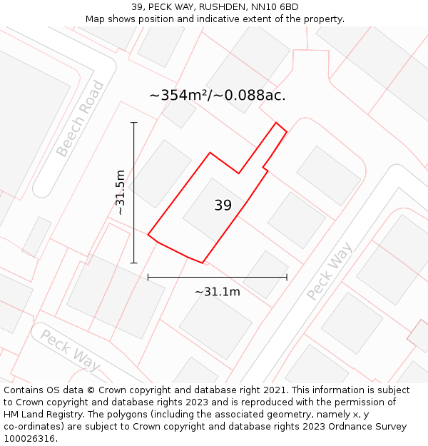 39, PECK WAY, RUSHDEN, NN10 6BD: Plot and title map
