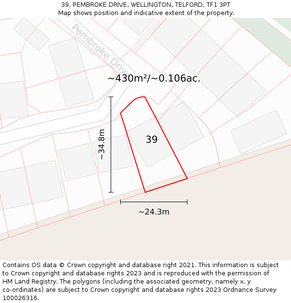 39, PEMBROKE DRIVE, WELLINGTON, TELFORD, TF1 3PT: Plot and title map