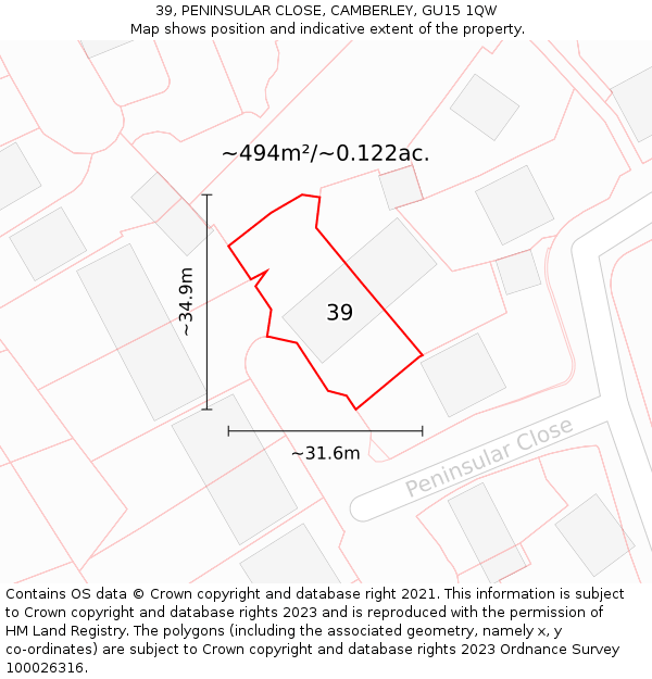 39, PENINSULAR CLOSE, CAMBERLEY, GU15 1QW: Plot and title map