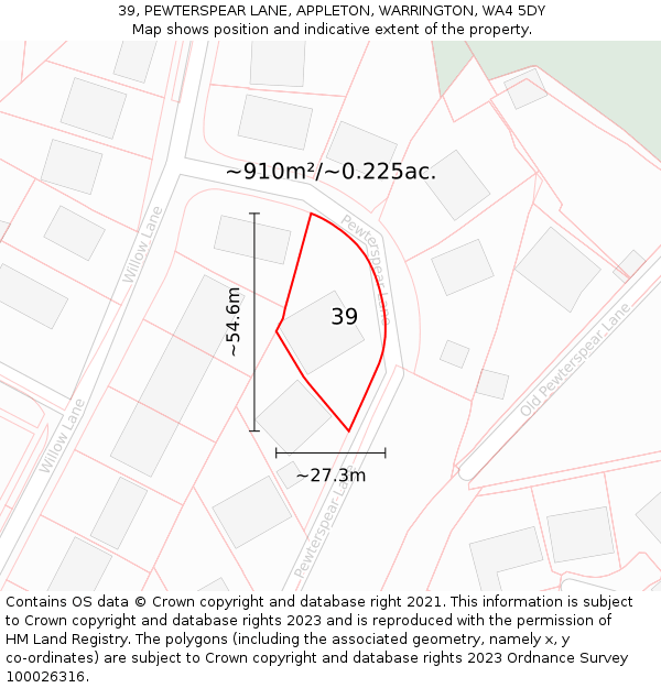 39, PEWTERSPEAR LANE, APPLETON, WARRINGTON, WA4 5DY: Plot and title map