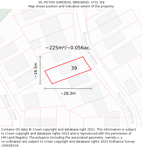 39, PICTON GARDENS, BRIDGEND, CF31 3HJ: Plot and title map