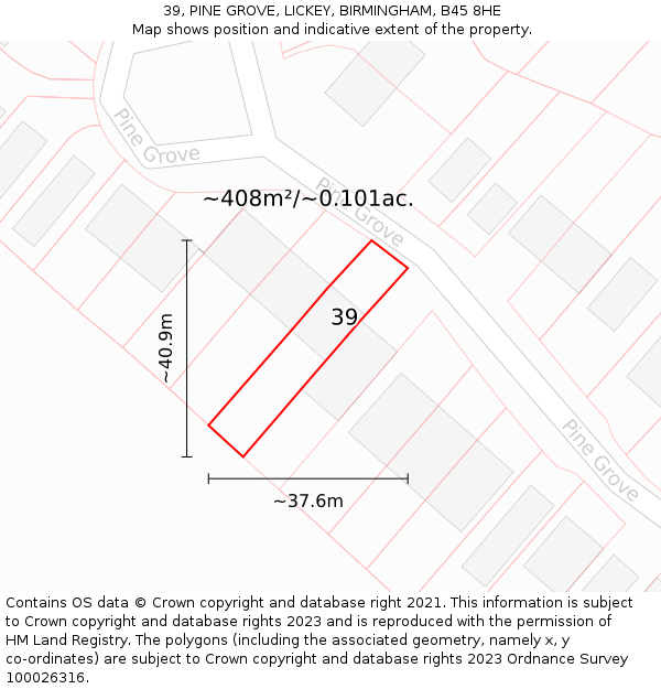 39, PINE GROVE, LICKEY, BIRMINGHAM, B45 8HE: Plot and title map