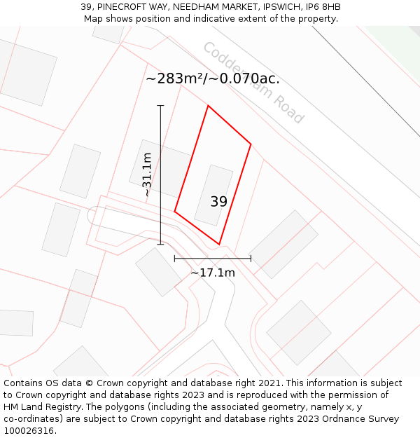 39, PINECROFT WAY, NEEDHAM MARKET, IPSWICH, IP6 8HB: Plot and title map