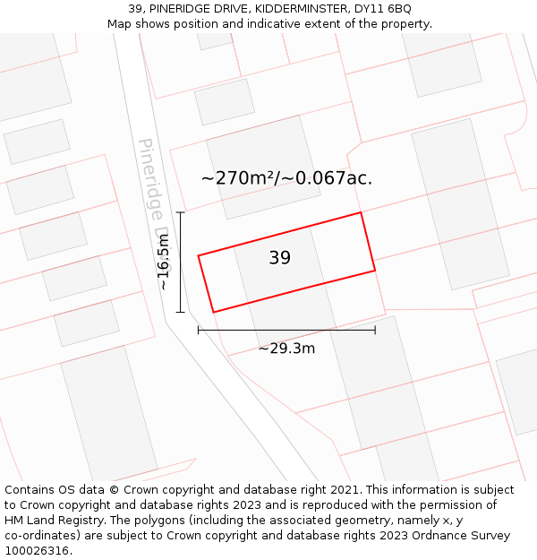 39, PINERIDGE DRIVE, KIDDERMINSTER, DY11 6BQ: Plot and title map