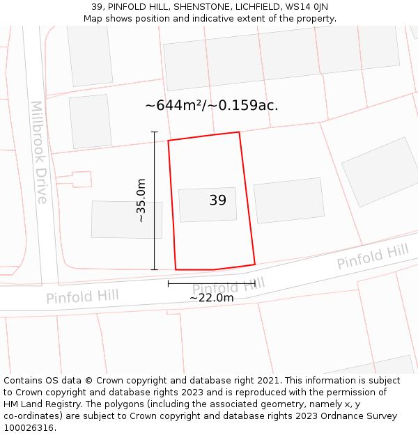 39, PINFOLD HILL, SHENSTONE, LICHFIELD, WS14 0JN: Plot and title map